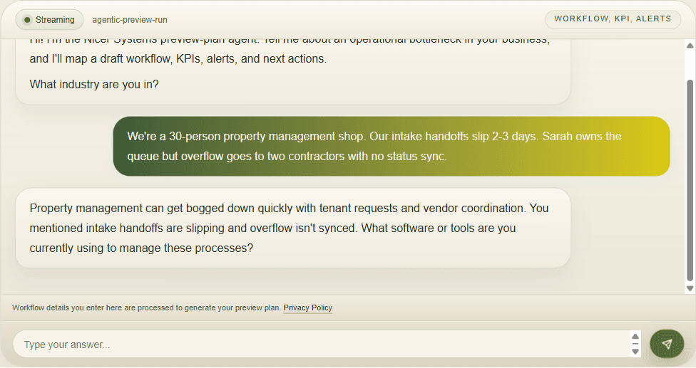 Nicer Systems chat agent scoping a property-management intake bottleneck